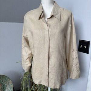 Linen Tan Natural 3/4 Sleeve Lucy Pirada Button‎ Up Shirt Butterfly Cutout Large